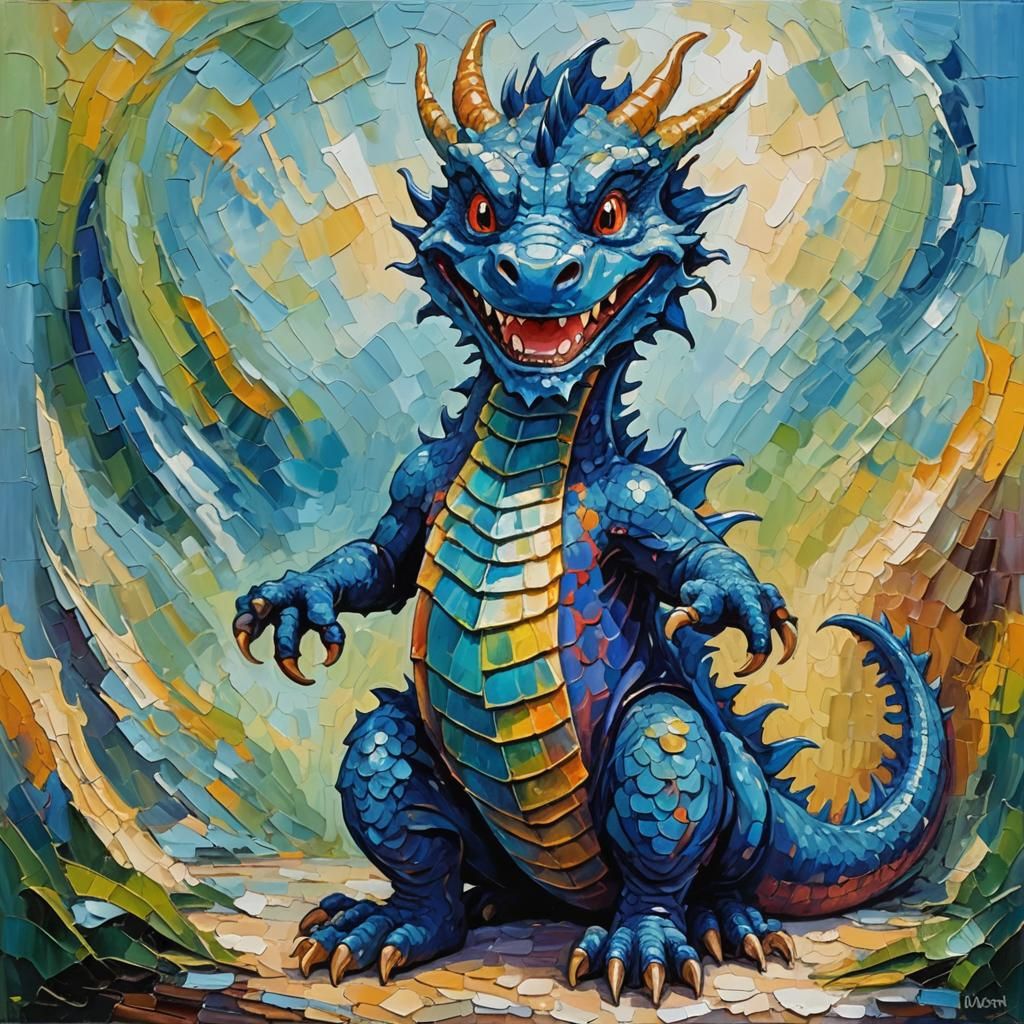 Friendly Blue Dragon in Expressionist Oil Painting