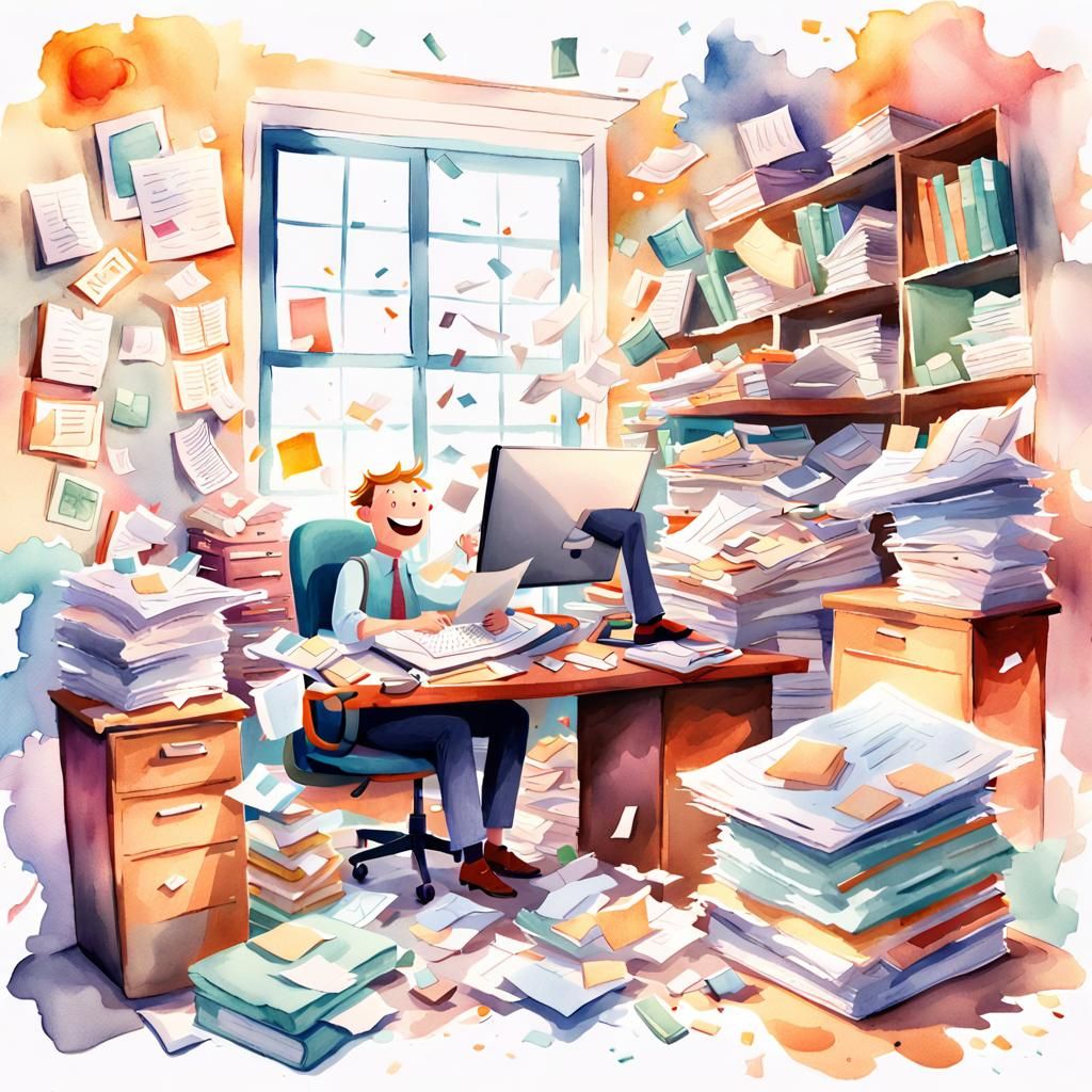Whimsical Disorganized Office in Watercolor Style