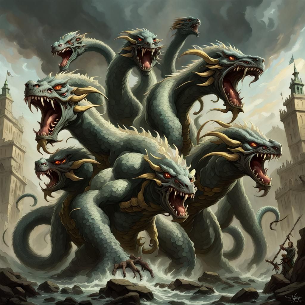 Four-Headed Hydra Roaring in Biopunk Fantasycore Style