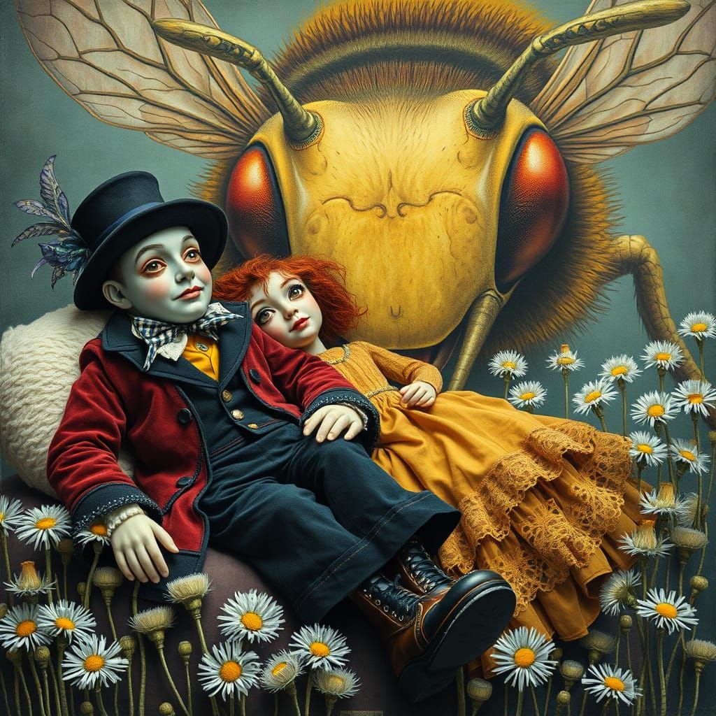 Surreal Romantic Puppet Couple in Dandelion Bed