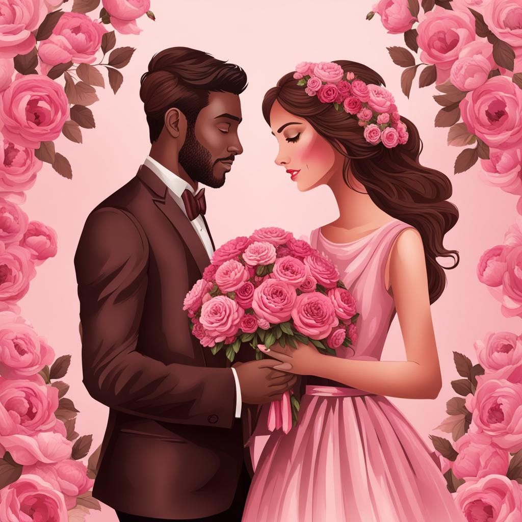 Romantic Couple Surrounded by Roses and Chocolate