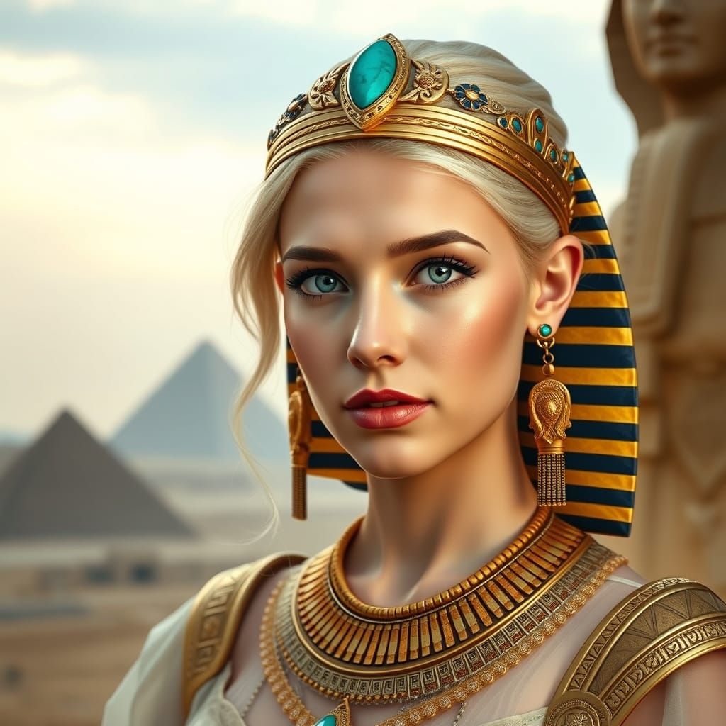 Young Woman as Egyptian Pharaoh in Golden Jewelry