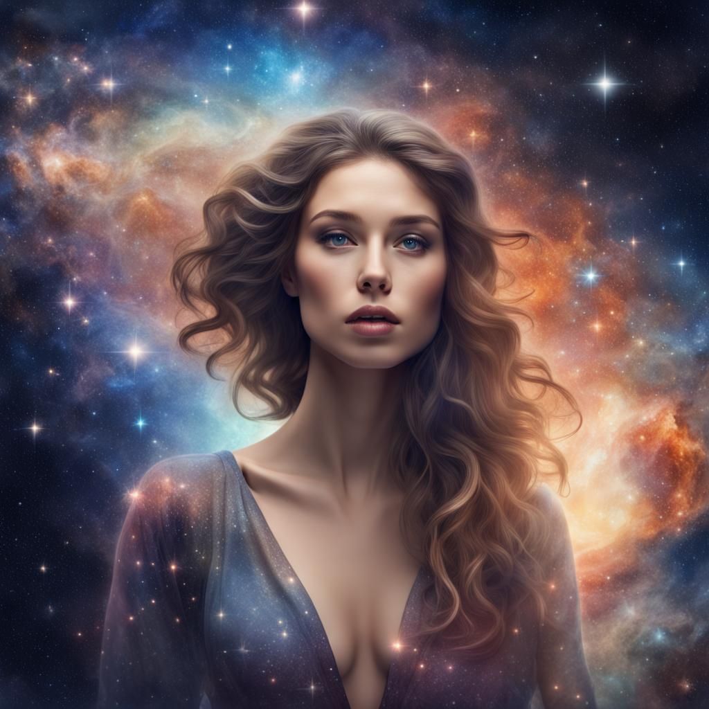 Ethereal Woman Among Stars and Galaxies