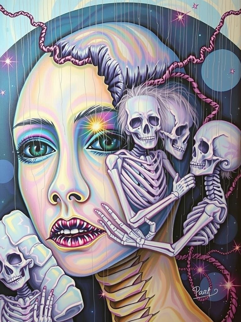 Psychedelic Neon Skeletons in Cosmic Swirls