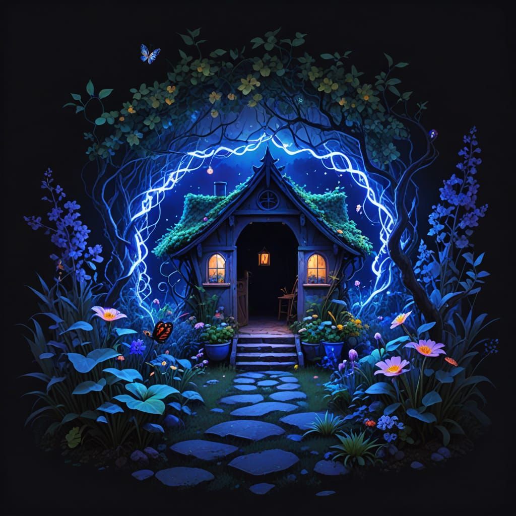 Magical Potting Shed in Flower Field, Colorful Realism