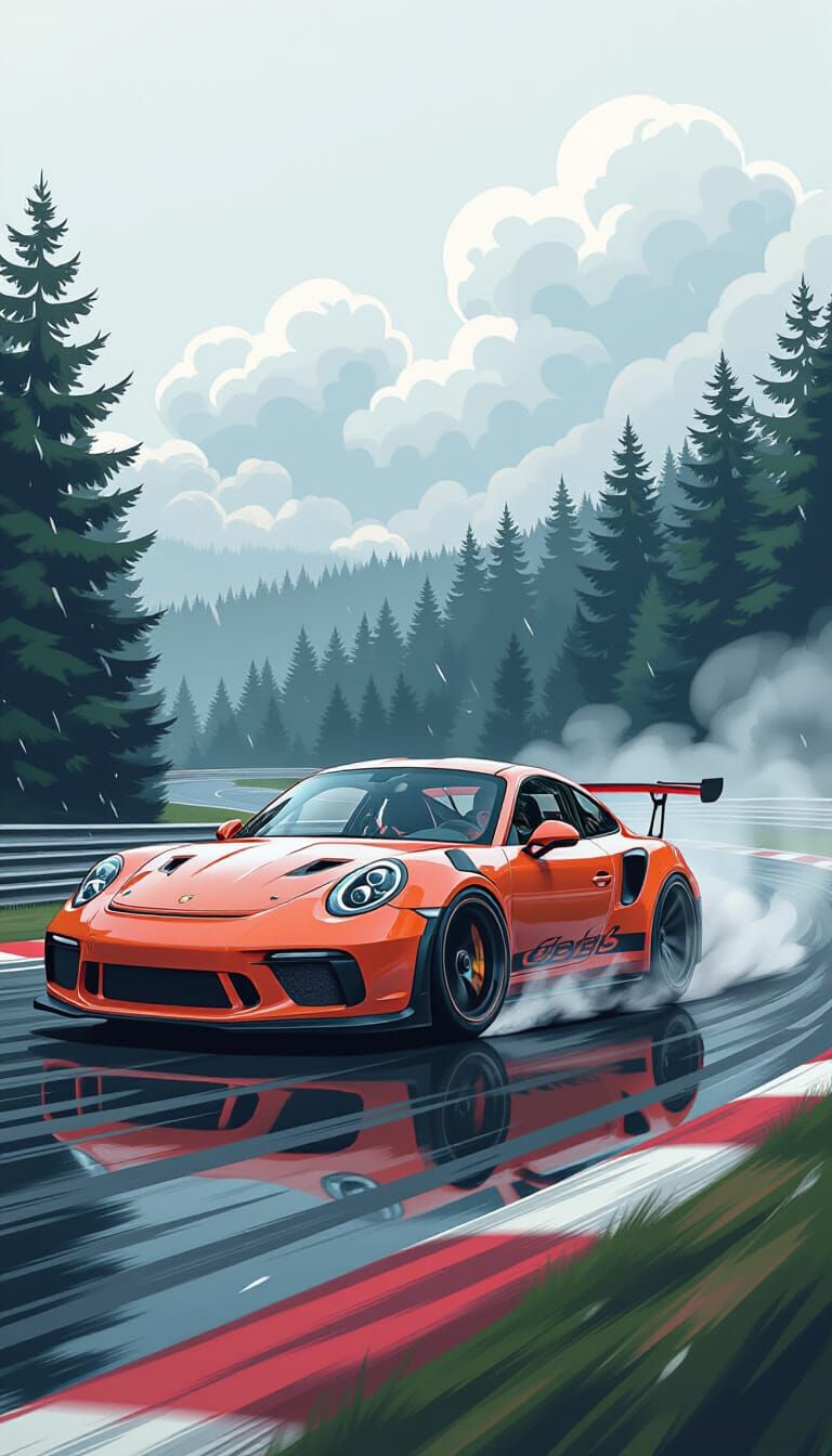 Orange Porsche on Wet Racetrack in Anime Style