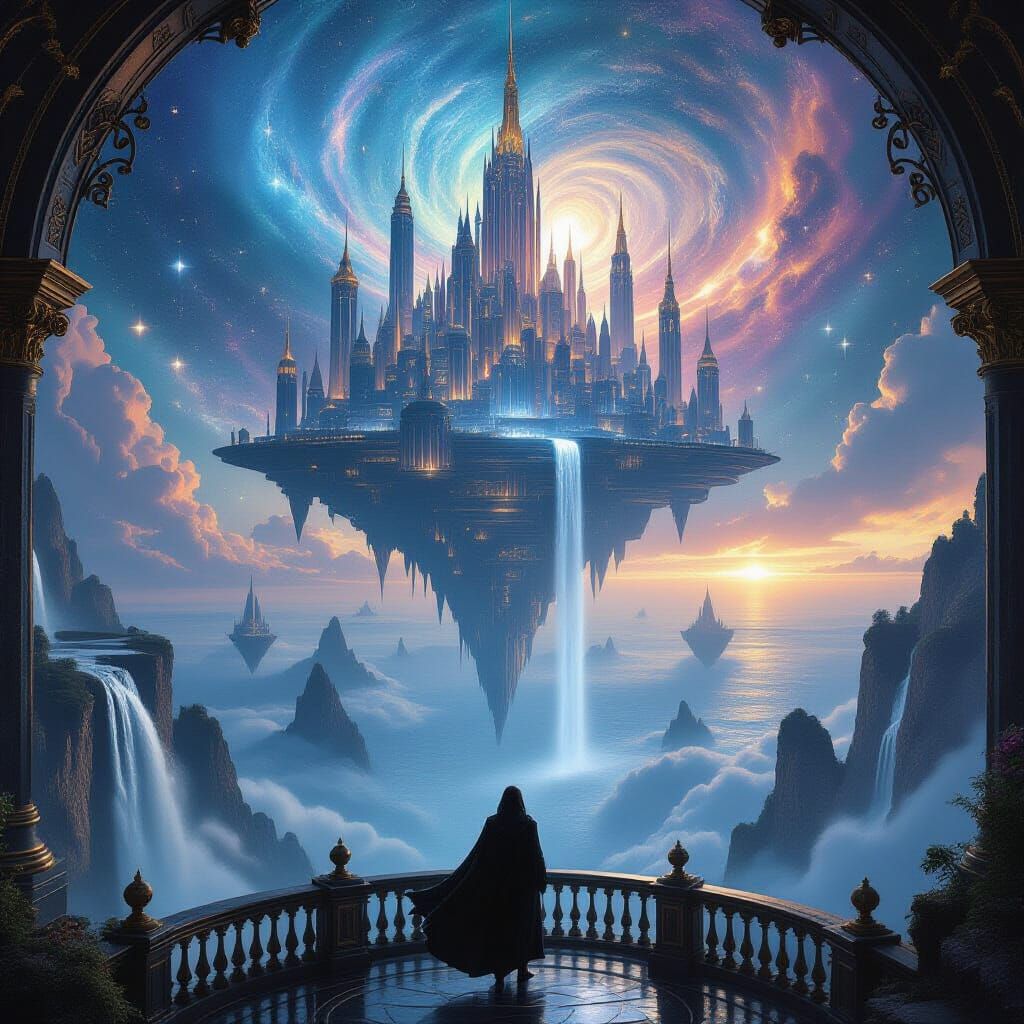 Impossible Floating City Above an Ocean of Stars