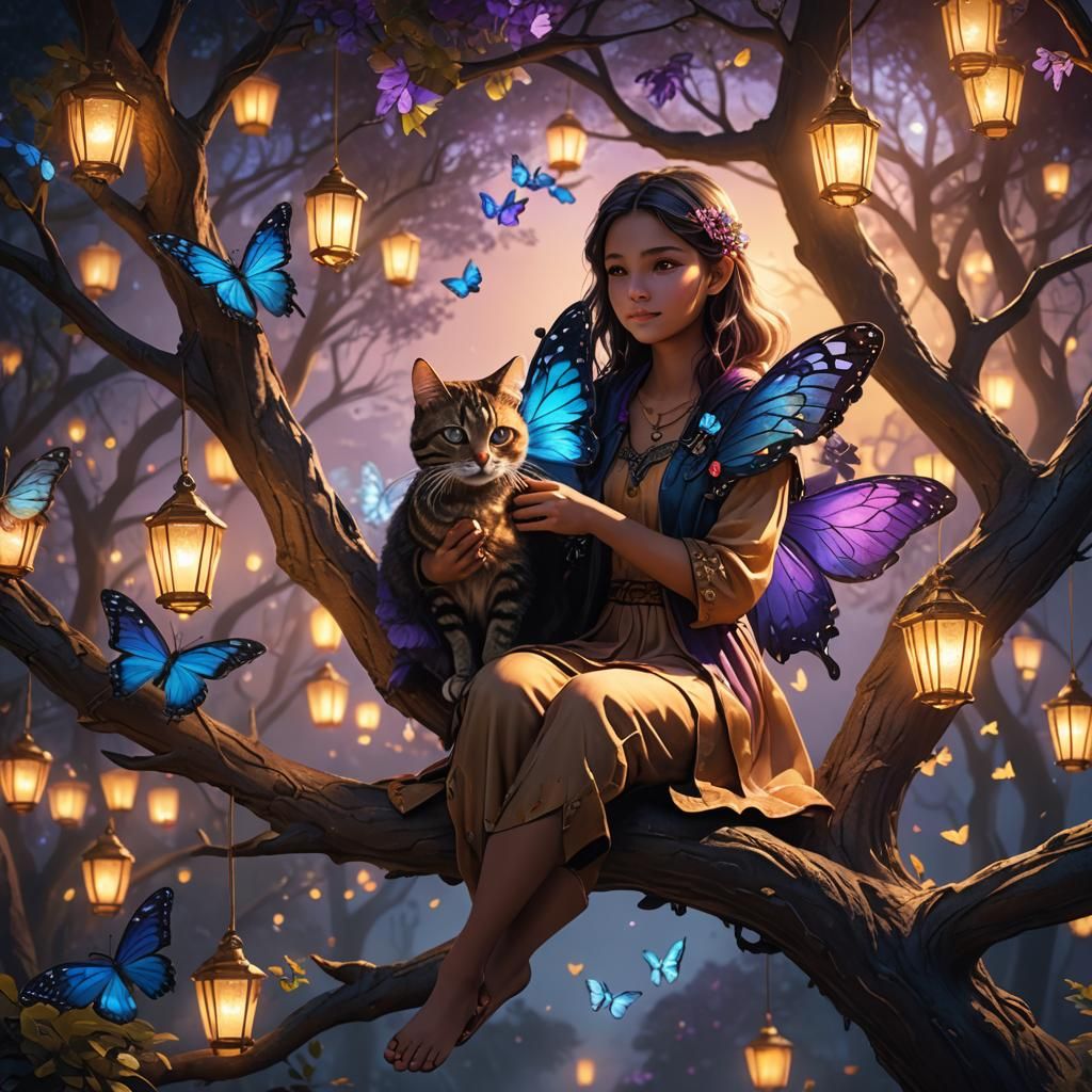 Enchanting Girl and Cat on Branch in Fantasy Art