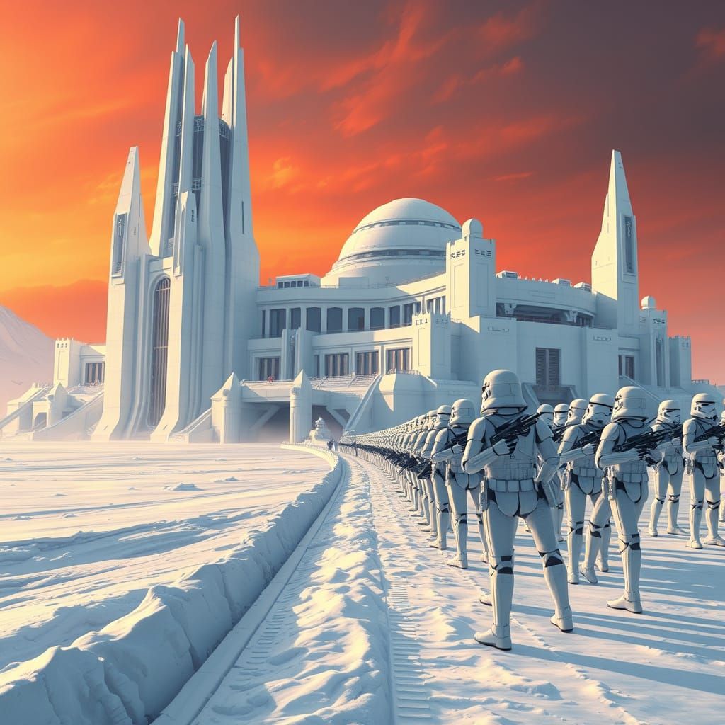 Sleek, Modernist Star Wars Fortress with Stormtroopers at At...