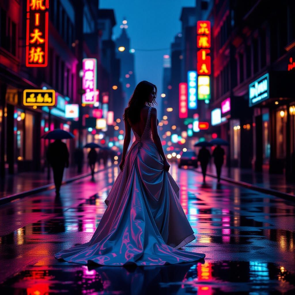 Elegant Woman in Theatrical Gown on Rainy Urban Street at Du...