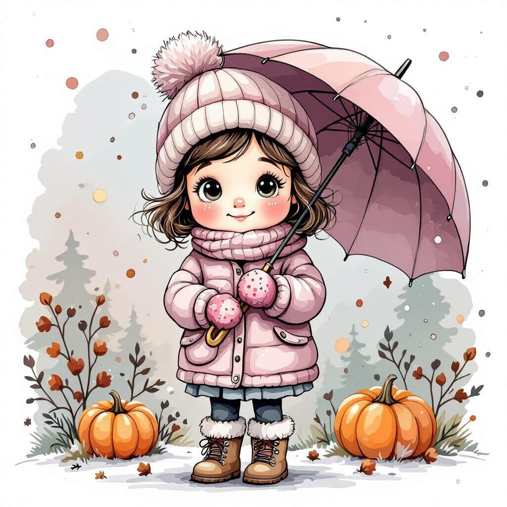 Whimsical Ink Illustration of Girl in Winter Gear