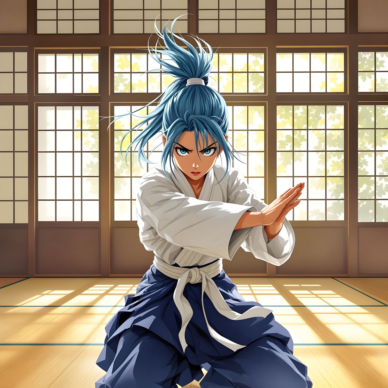 Aikido Girl in Dojo with Blue Hair
