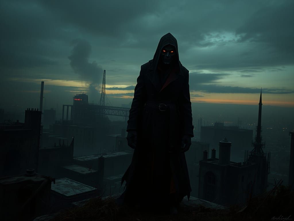 Dark, Ominous Figure in Ruined Cityscape, with Piercing Eyes...