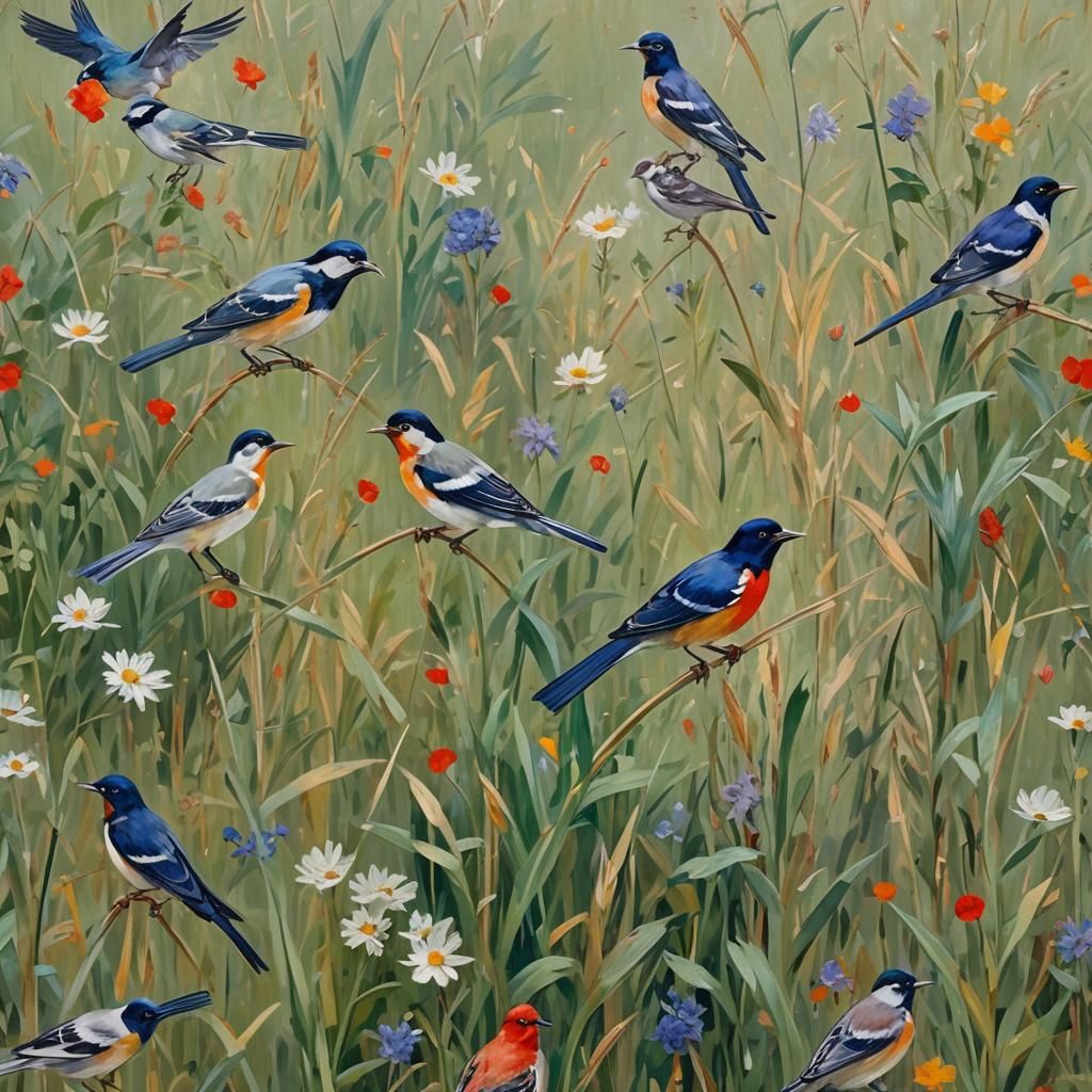 Birds and Fields in Hyperrealistic Splash Art