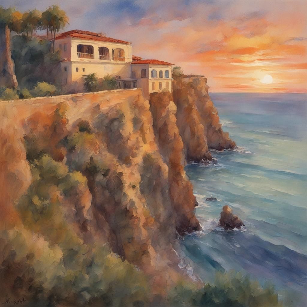 Ocean Sunset Hacienda in Gouache Watercolor Style