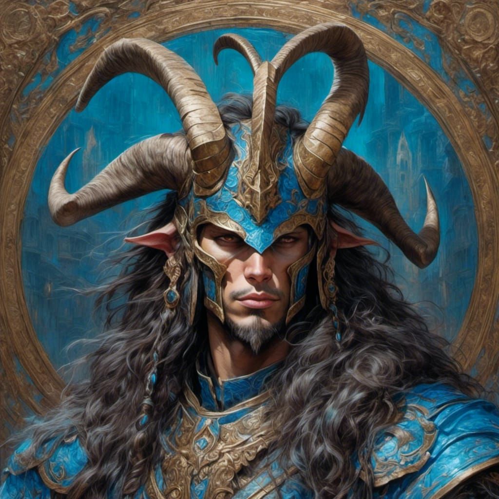 Goat Portrait in Medieval Helmet, Oil Painting