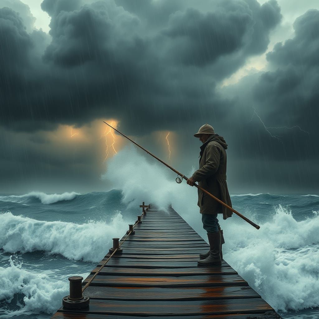 Weathered Pier in Turbulent Ocean, Fisherman Resolute Agains...