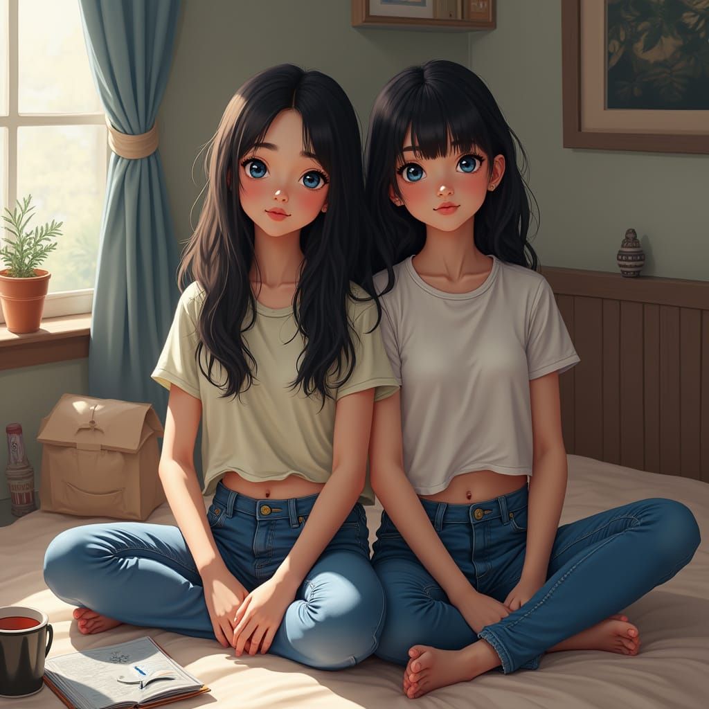 Twin Sisters in Shared Bedroom: Realistic Digital Art