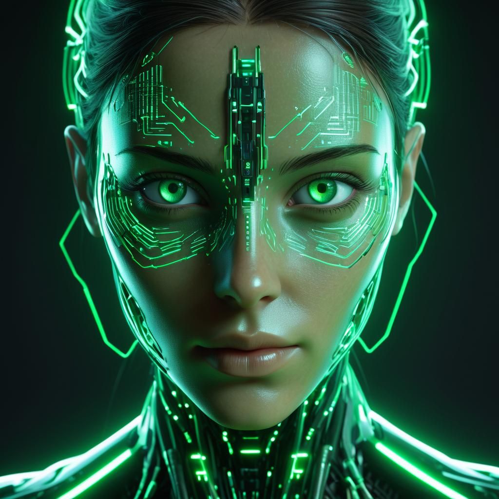 Cybernetic Woman with Green Eyes in 8k Resolution