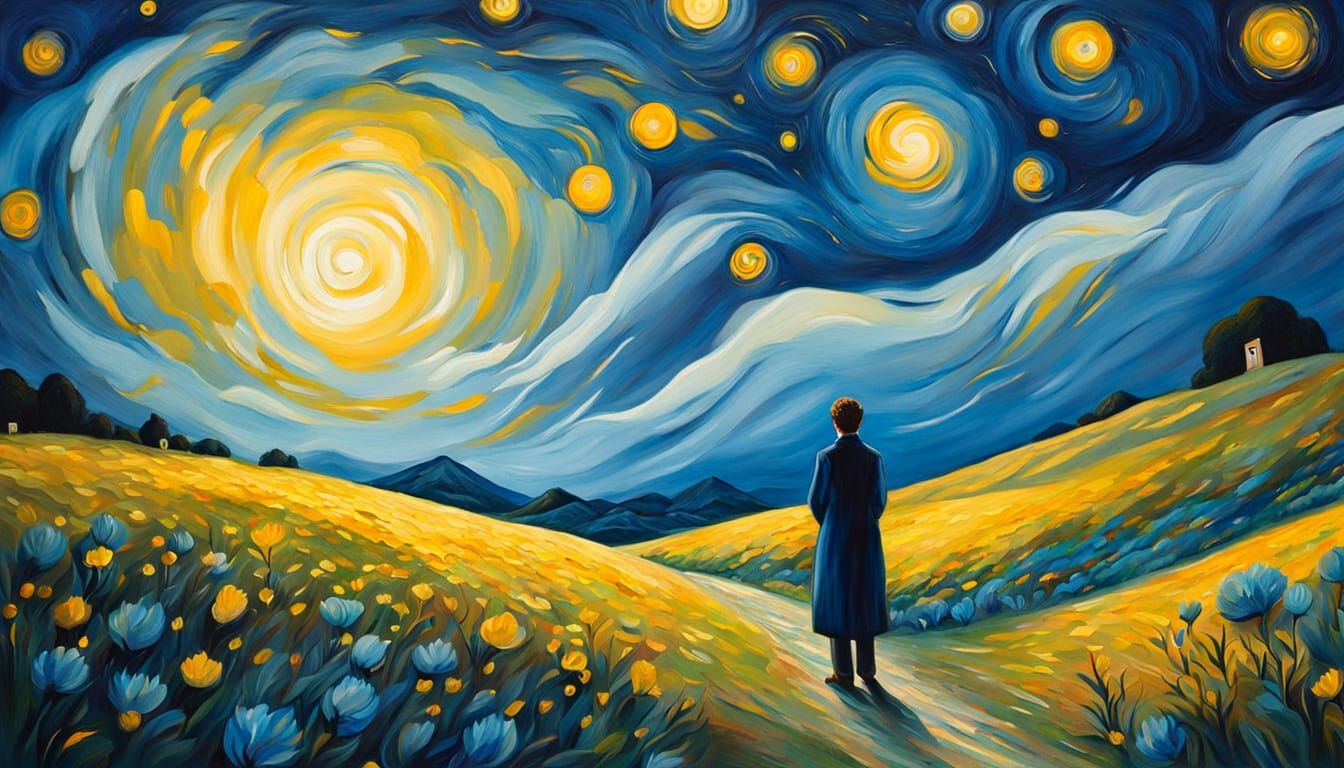 Surreal Starry Night Landscape in Oil Painting Style
