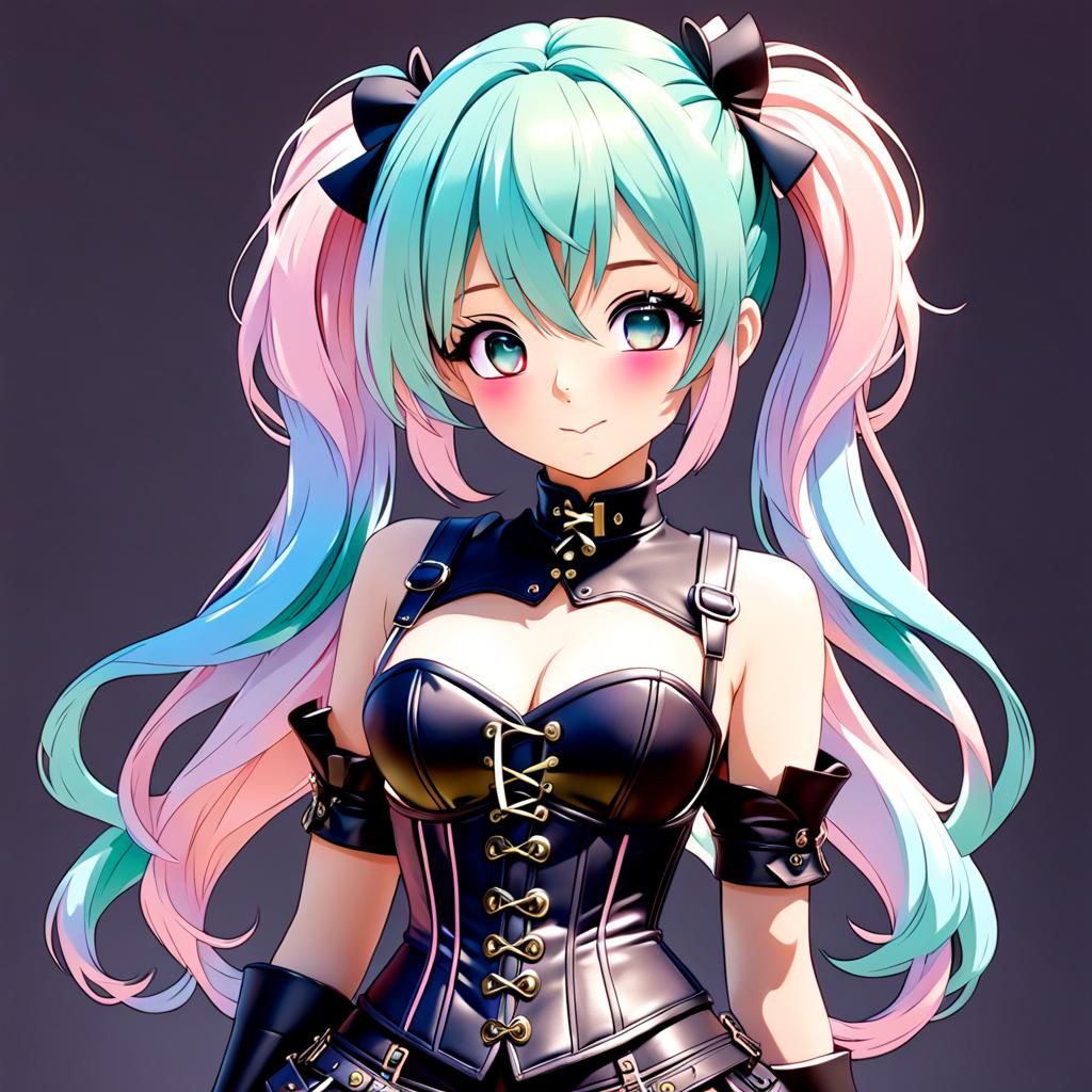 Anime Girl with Leather Corset in Pastel Colors