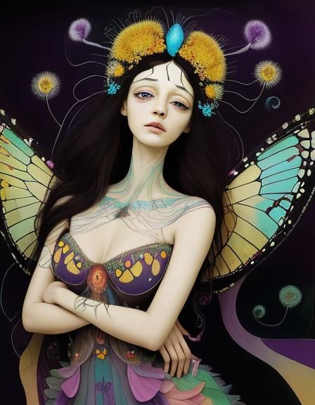 Beautiful woman, long dark hair, detailed face, Beaded dressed in beaded gossamer silk, butterfly wings on her back i...