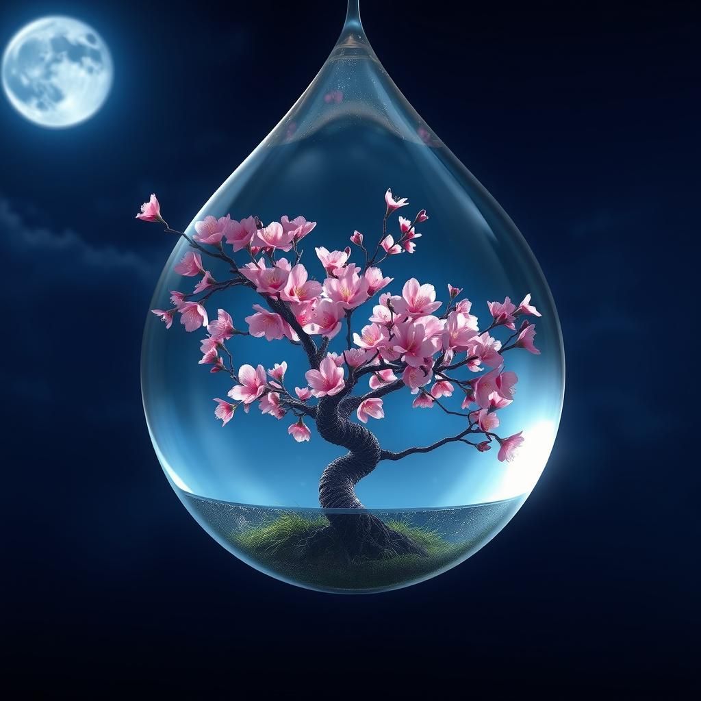Cherry Blossom in Crystal Water Drop: Digital Art