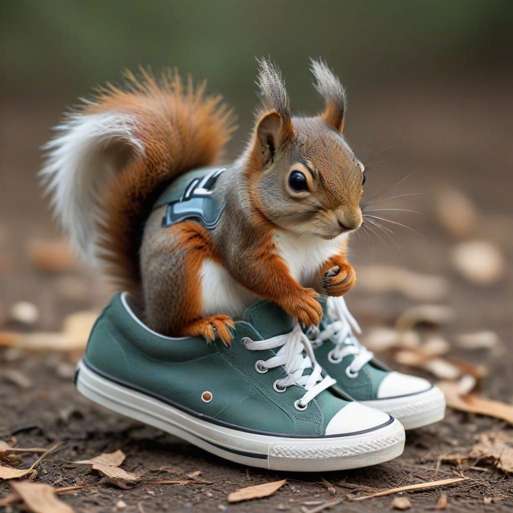 Cute Squirrel Wears Sneaker in Quirky Composition