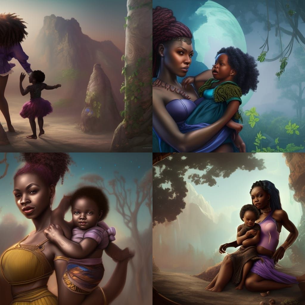Black Women with Babies: Detailed Matte Painting