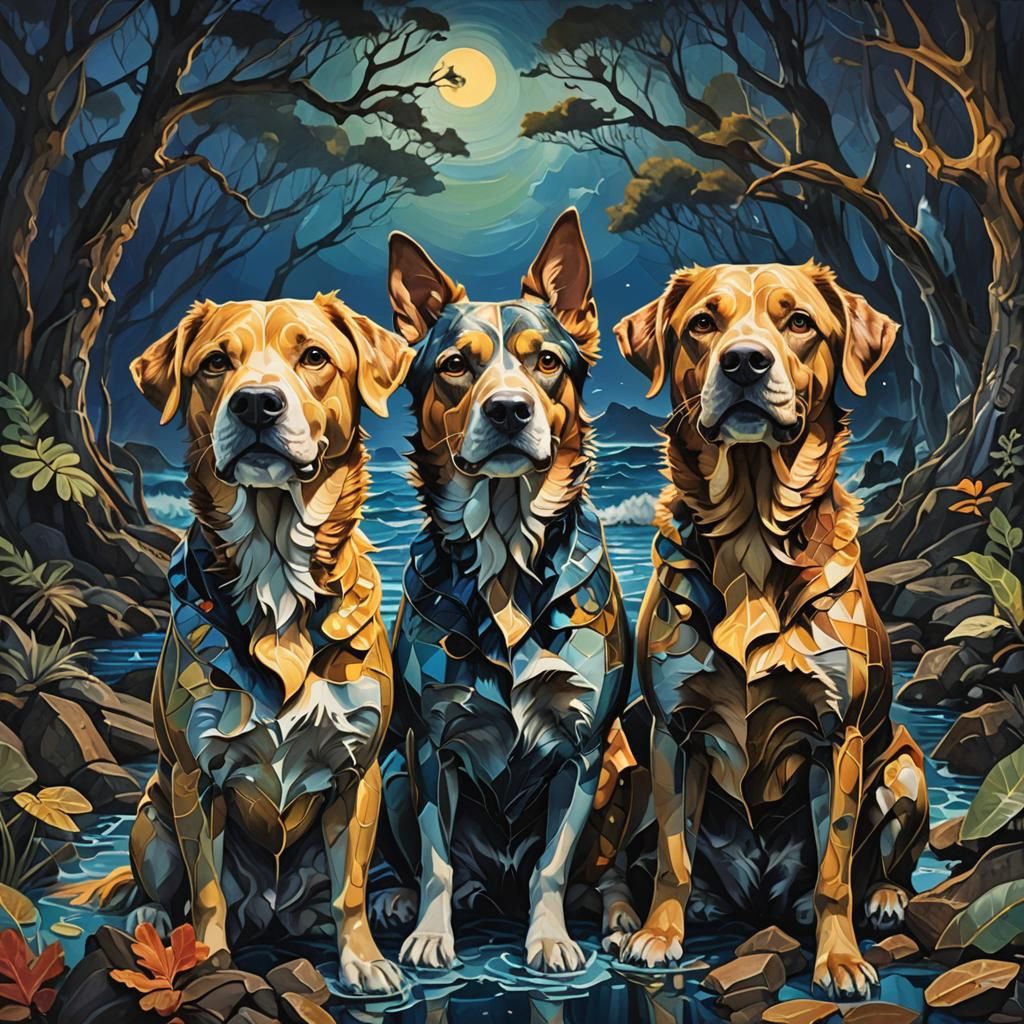 Dog, Brother, and Sisters: Ocean Forest Night in Splash Art