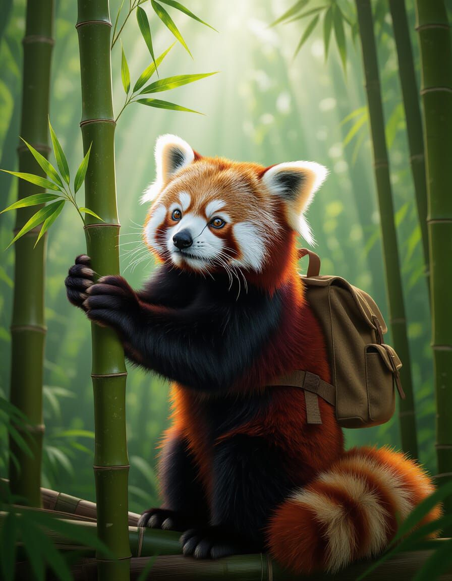 Red Panda Explorer in Lush Jungle, Hyperrealistic Style