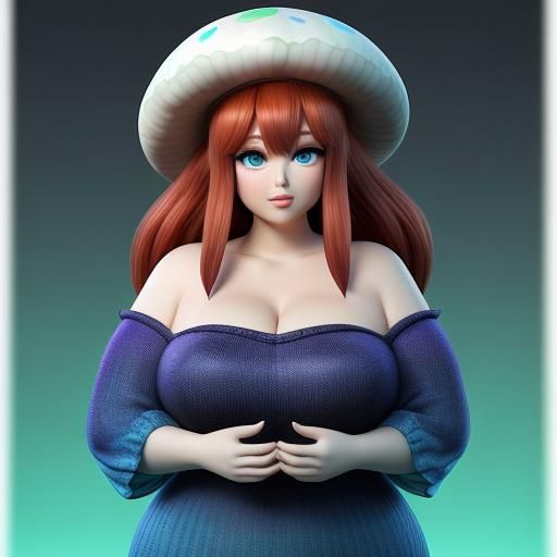 Kawaii Mushroom Woman in Magical Forest, 3D Art