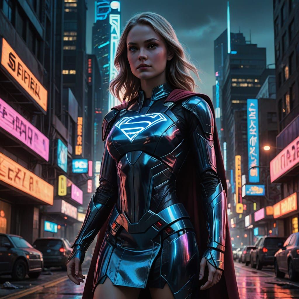 Futuristic Superheroine in Neon Cyberpunk Cityscape