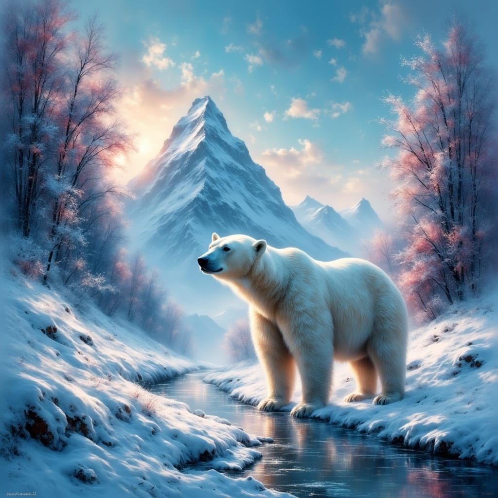 <lora:EtherealVisionsFlux:1.0> "Create a surreal scene lit with refracted or prismatic lighting" "A majestic polar bear ...