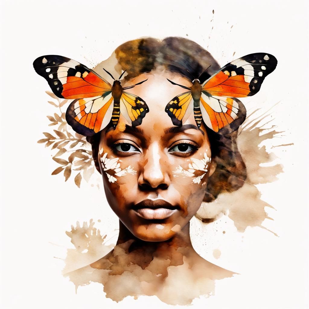 Moth and Flora Double Exposure Watercolor Splash Art