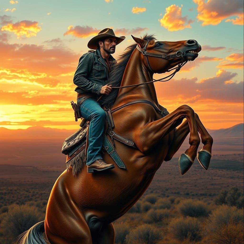 Rugged Cowboy Rides Majestic Horse Against Sunset