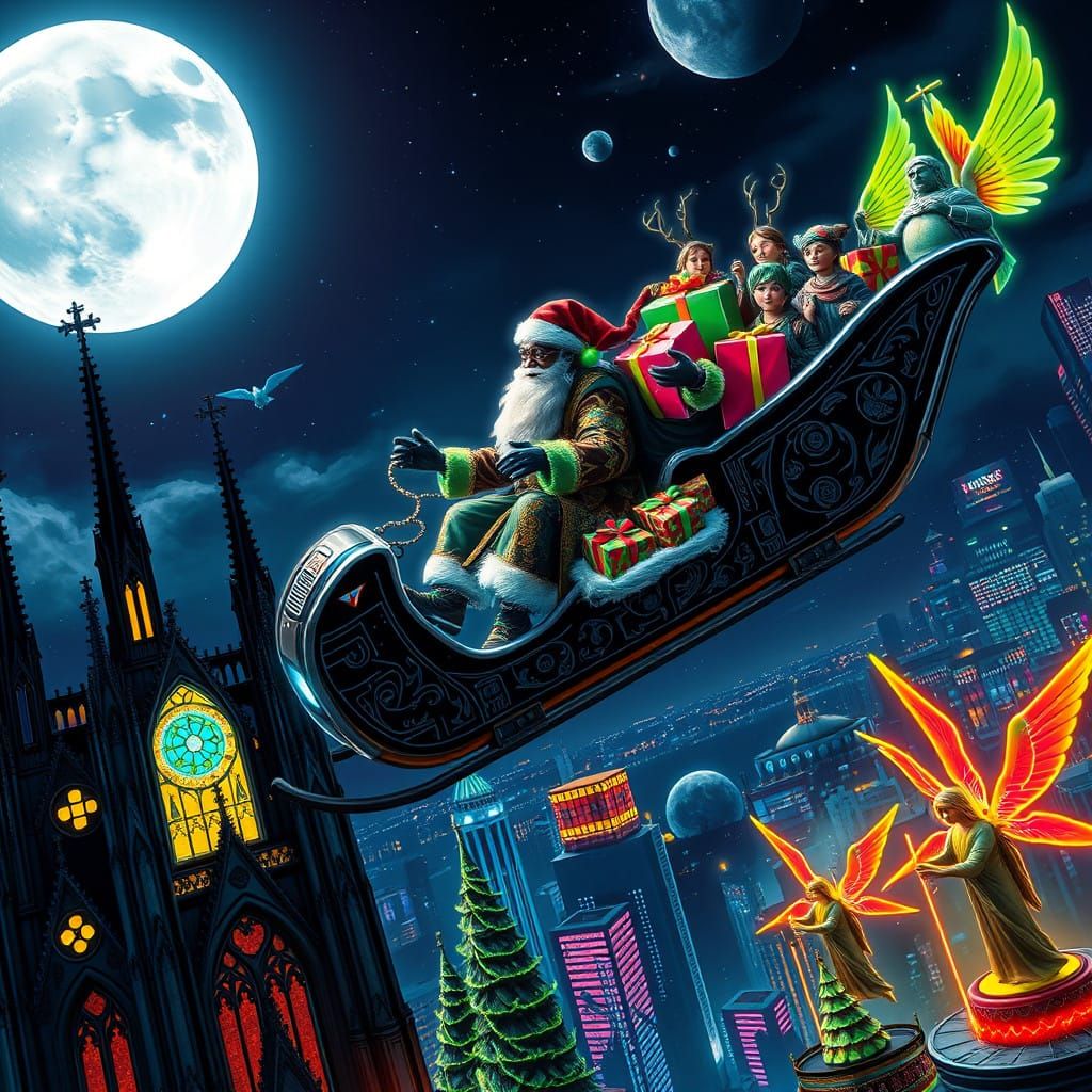 Cyberpunk Santa Claus Soars Through the Night in Futuristic...