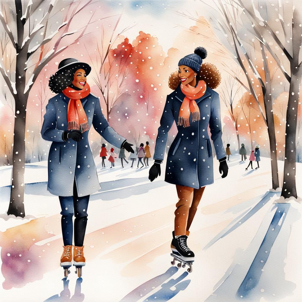 Watercolor Painting of Black Women Ice Skating