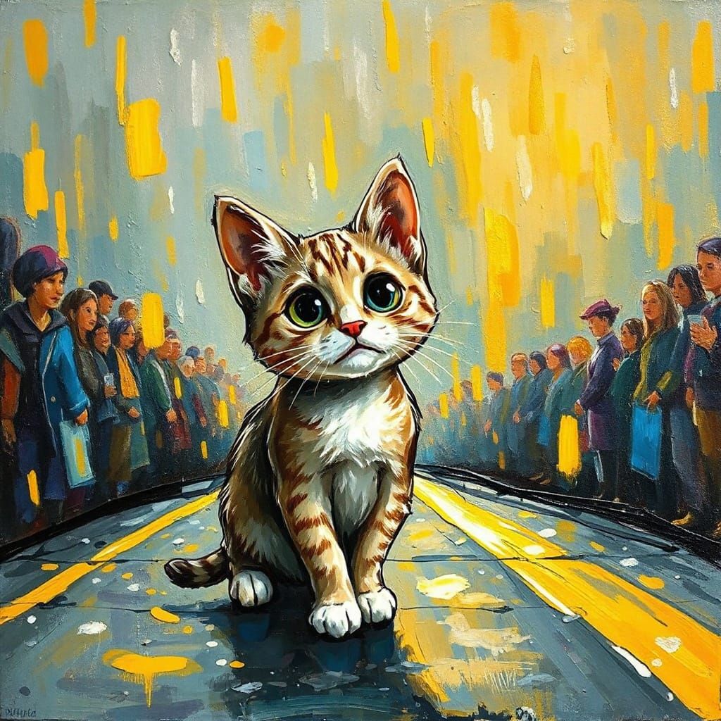 Chibi Cat Struts in Rainy Yellow Light