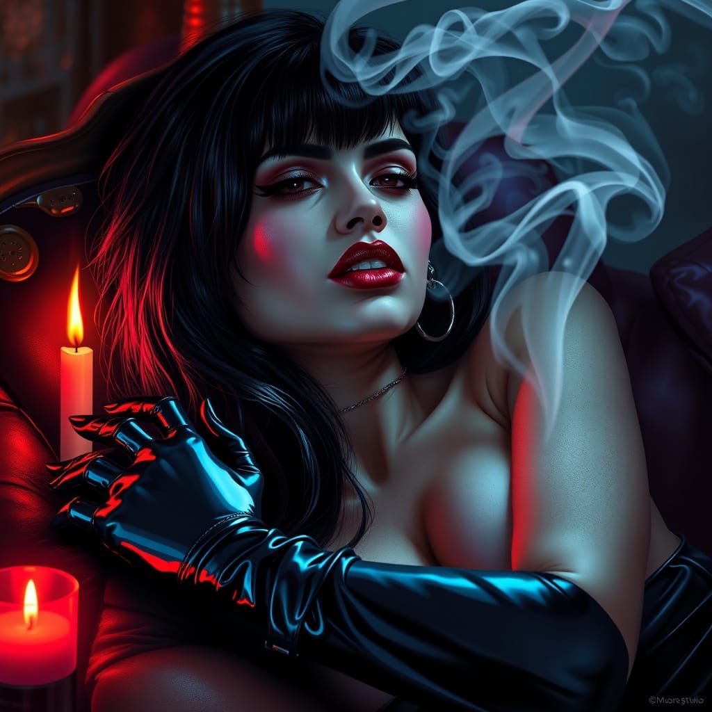 Sultry Queen of the Underworld Smirks in Neon-Lit Darkness