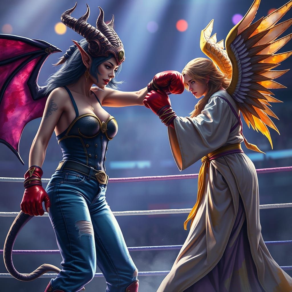 Angel vs Demon Boxing Match in Watercolor Style