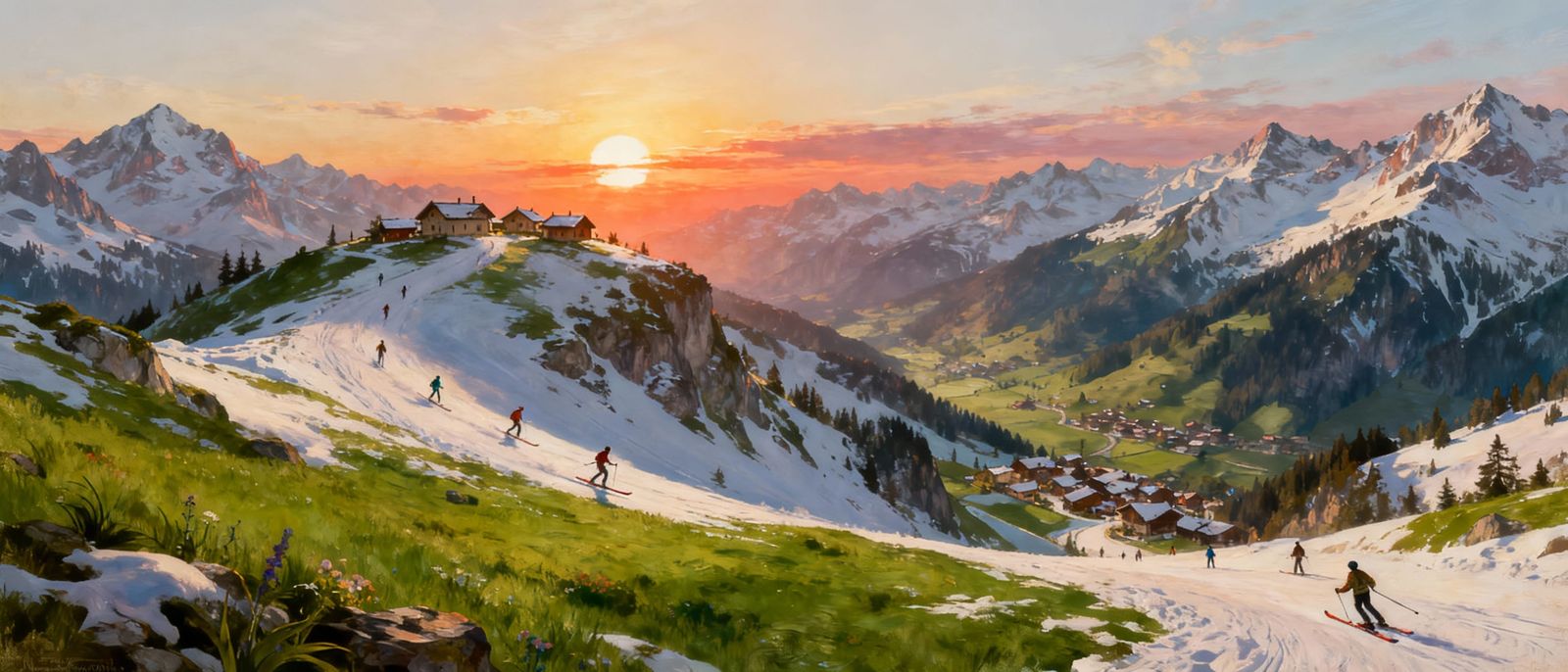 Sunrise Over Swiss Alps With Skiers and Villages
