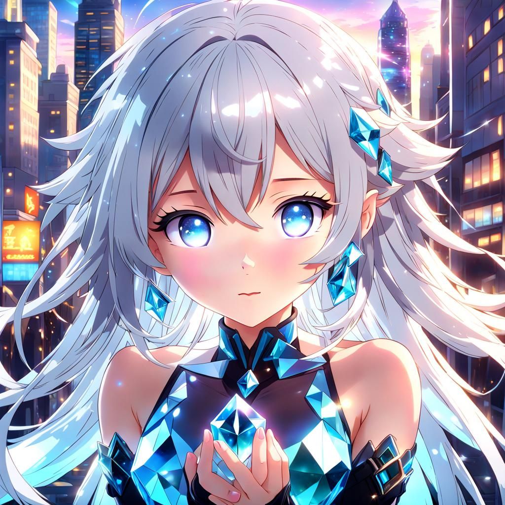 Anime Style Crystal Woman with Blue Eyes