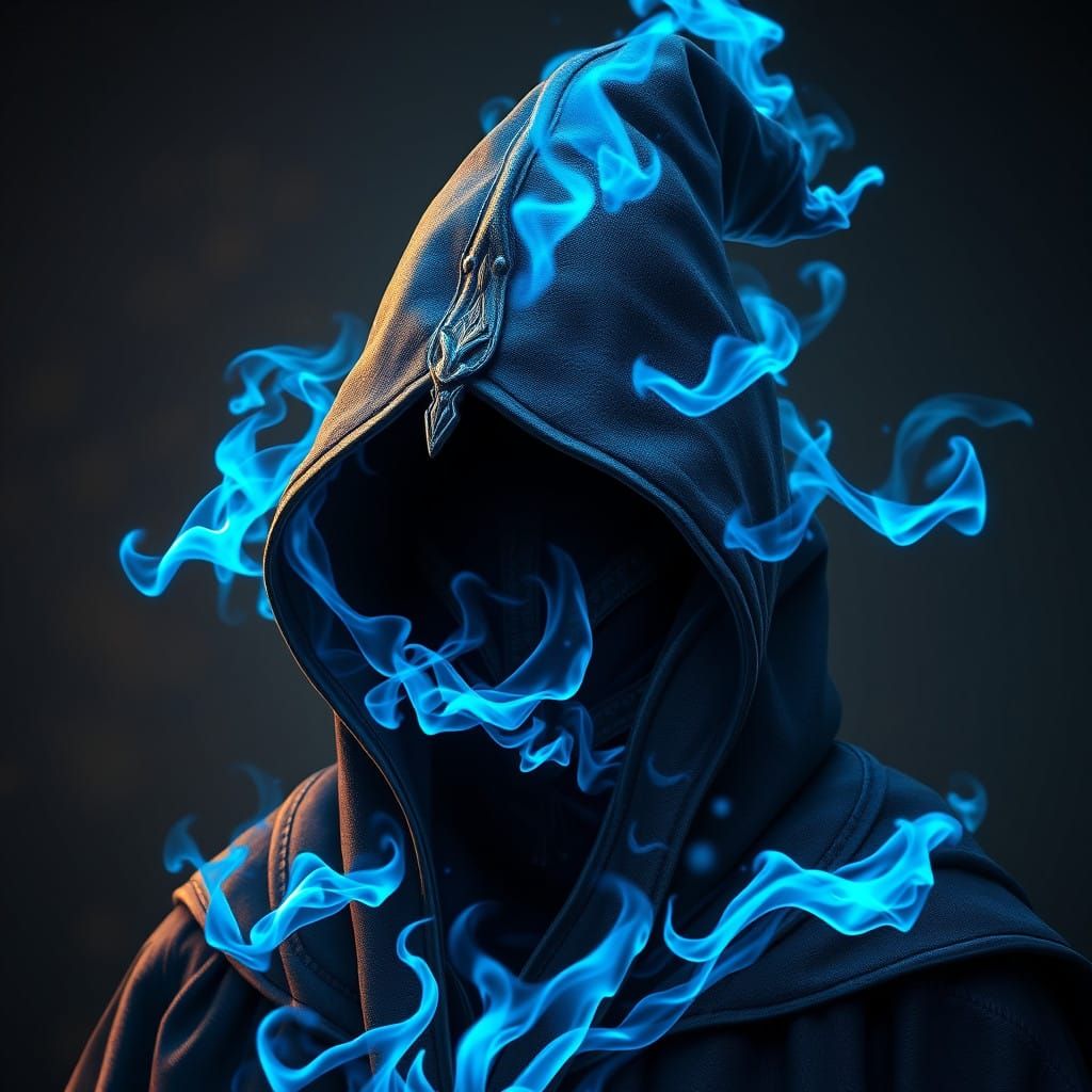 Mystical Wizard's Hood with Vibrant Blue Flames