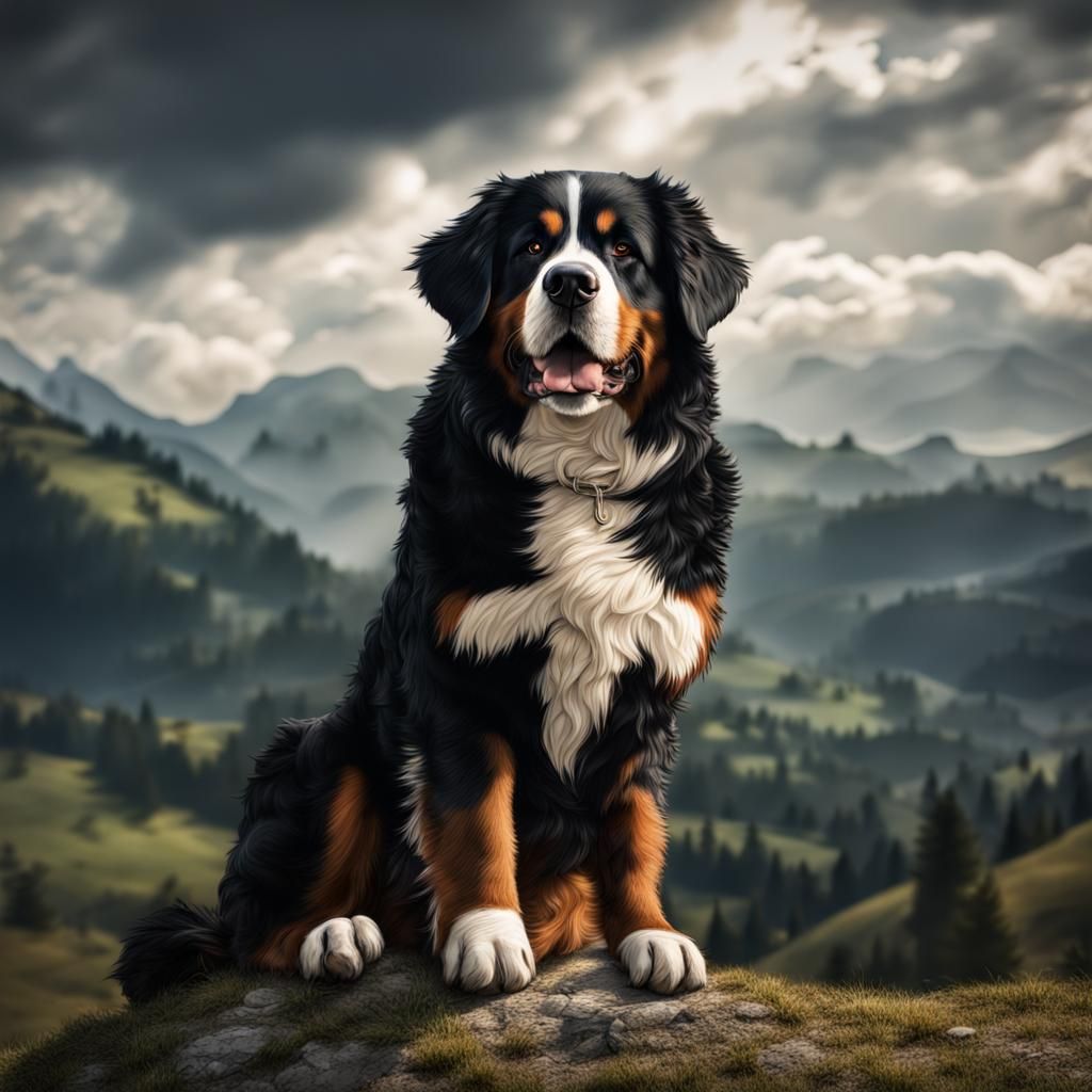 Bernese Mountain Dog Portrait on a Hillside