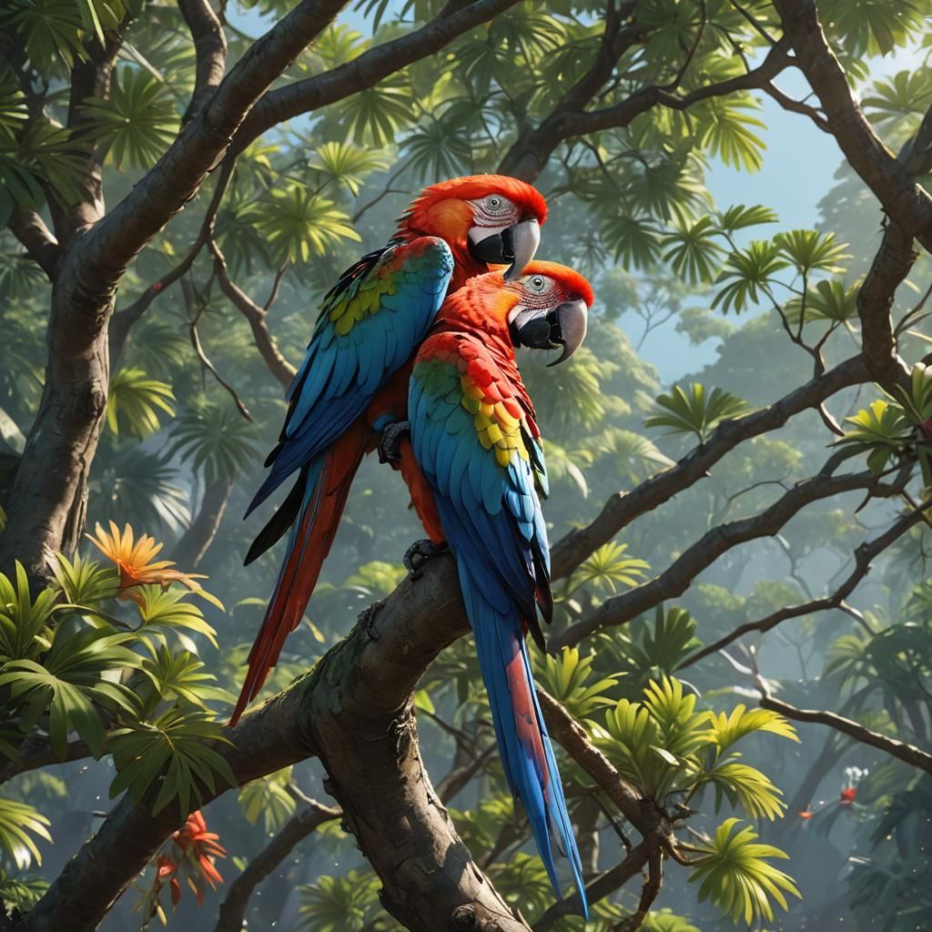 Macaw in Tree: Detailed 3D Anime Art
