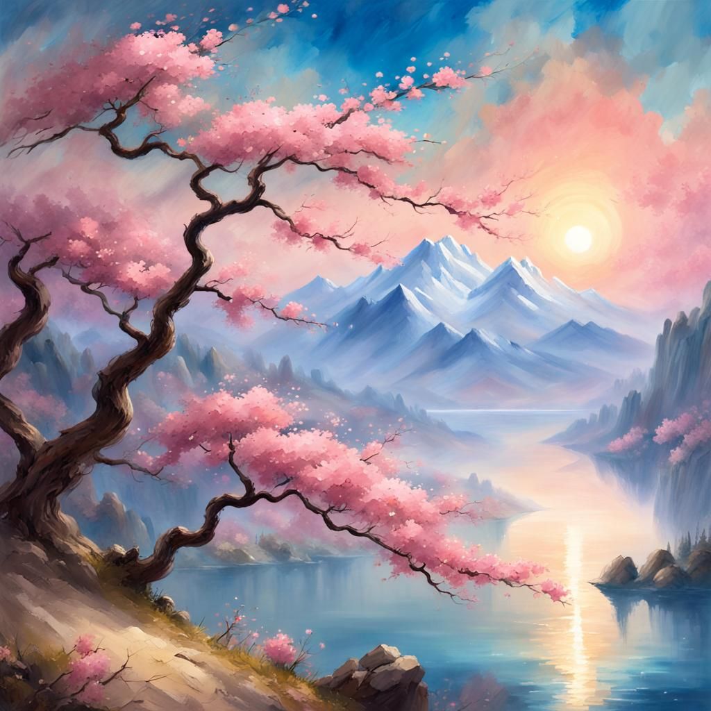 Mountain Lake Cherry Blossom Landscape in Oil