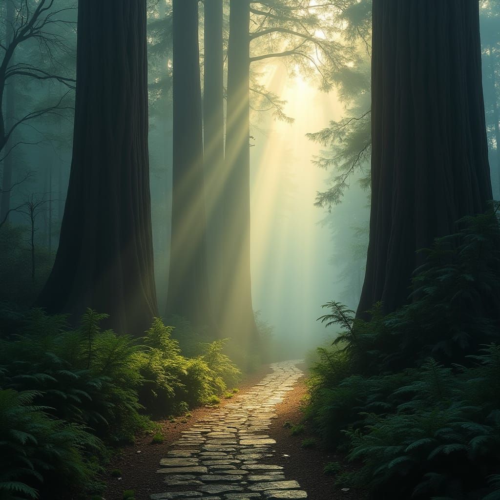 Ancient Redwood Forest Path in Ethereal Fog