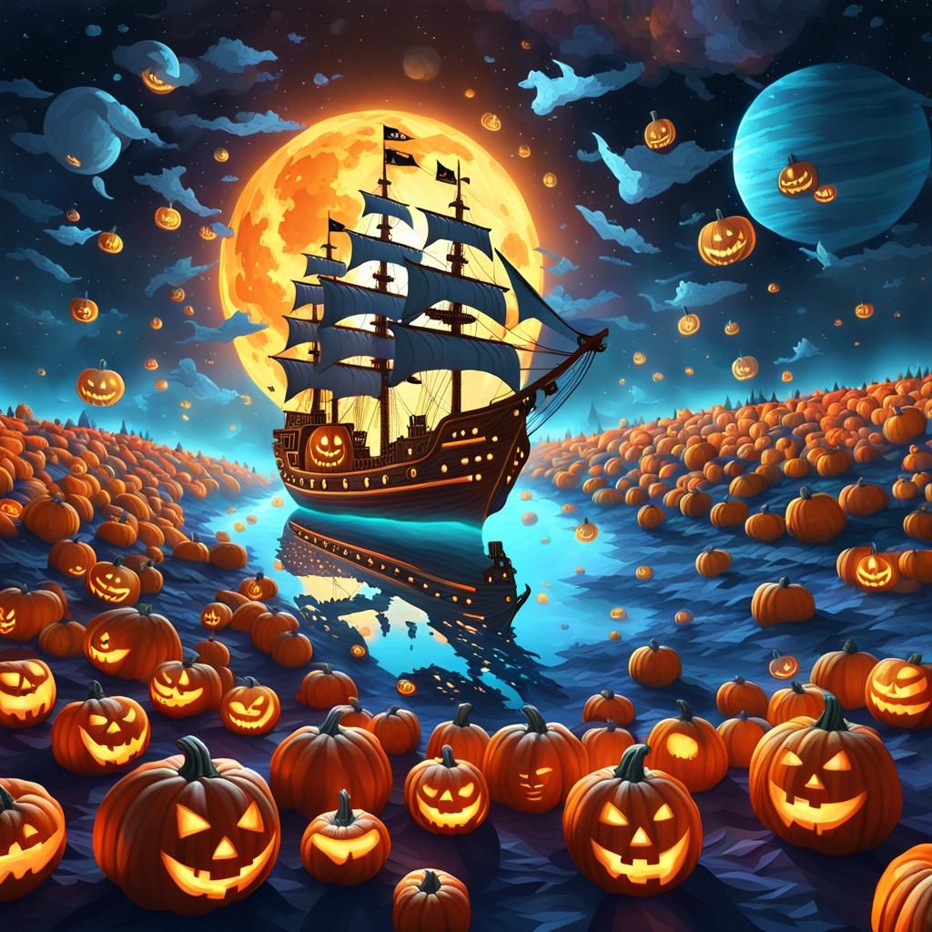 Cosmic Pirate Ship Voyage Through Pumpkin Sea