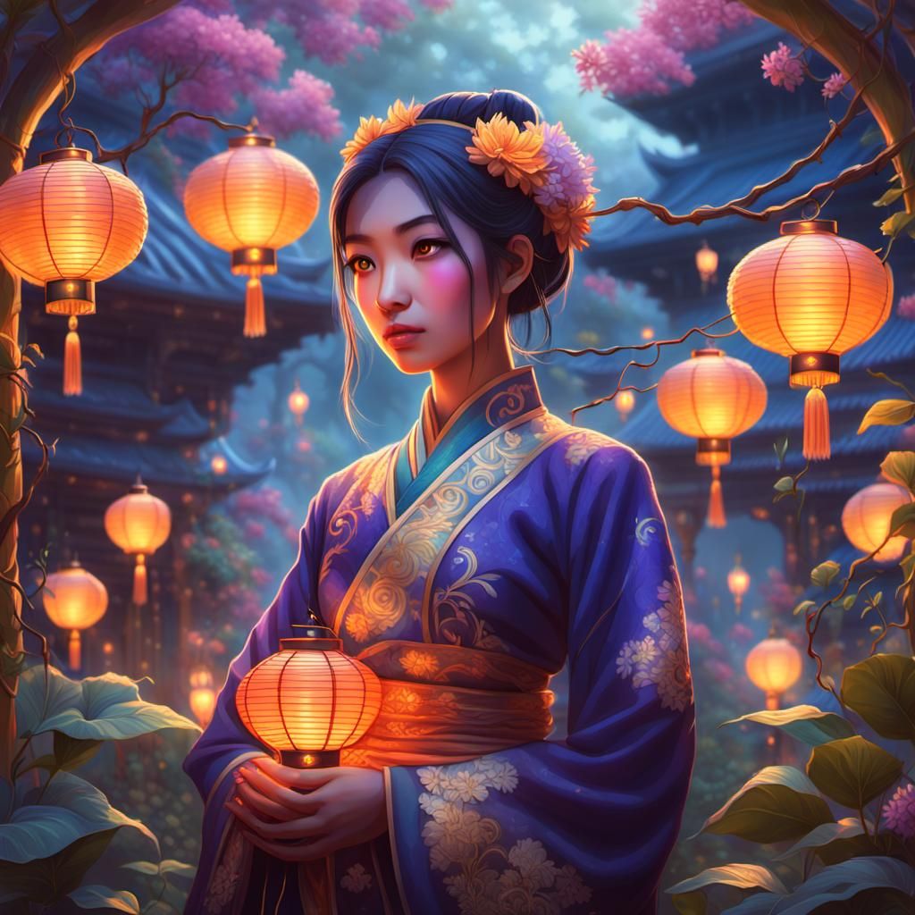 Anime Thai Girl in Mystical Garden, Digital Art